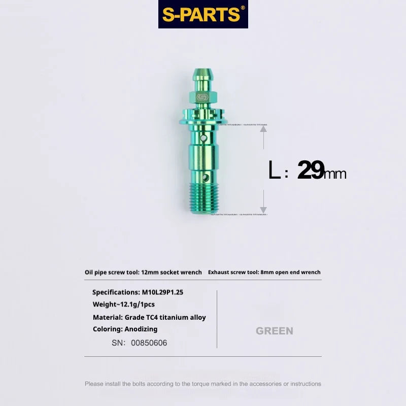 S-PARTS M10 × 29mm Double Titanium Banjo Bolt with Bleed Nipple Kit P1.25 Green