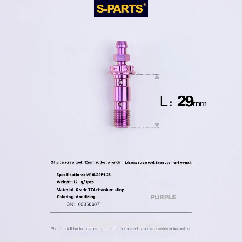 S-PARTS M10 × 29mm Double Titanium Banjo Bolt with Bleed Nipple Kit P1.25 Purple