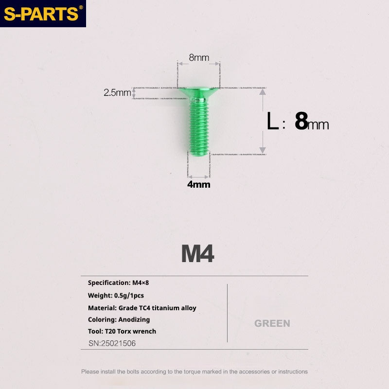 S-PARTS M4 Countersunk Titanium Screws — L8–45mm L8mm Green