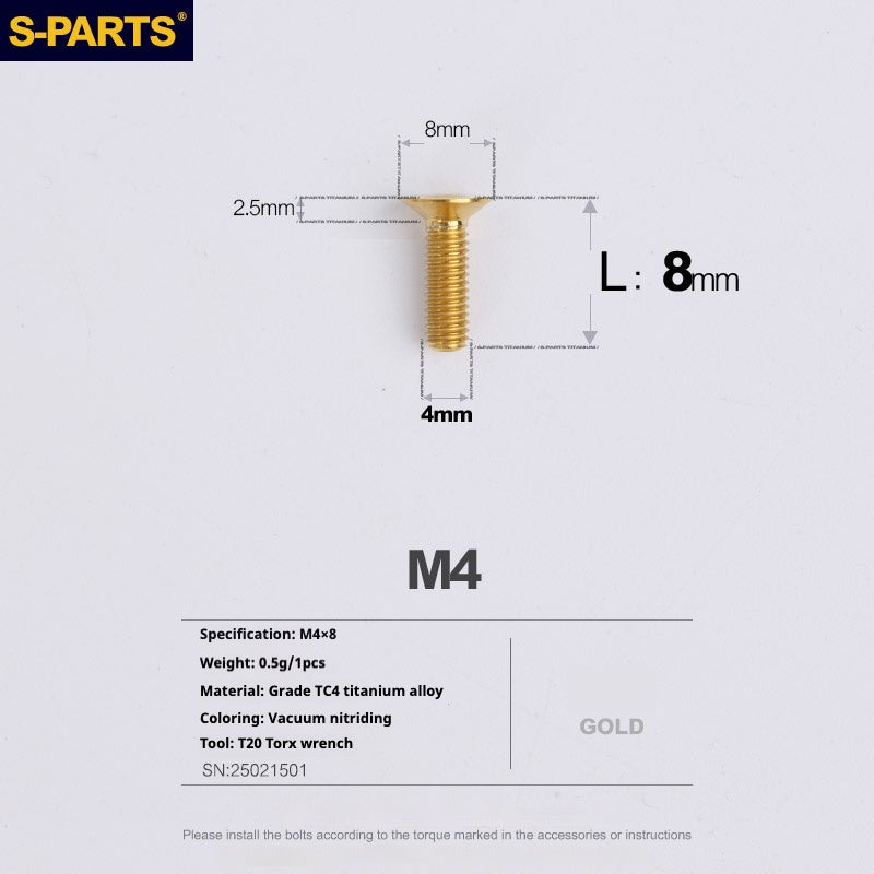 S-PARTS M4 Countersunk Titanium Screws — L8–45mm L8mm Gold