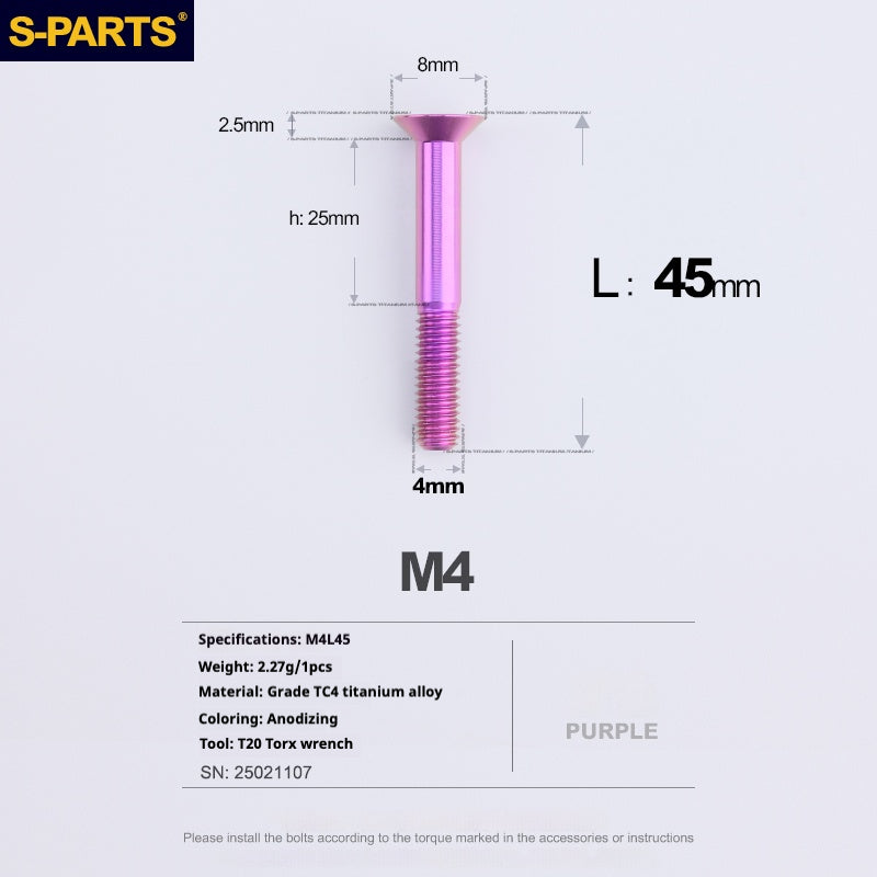 S-PARTS M4 Countersunk Titanium Screws — L8–45mm L45mm Purple