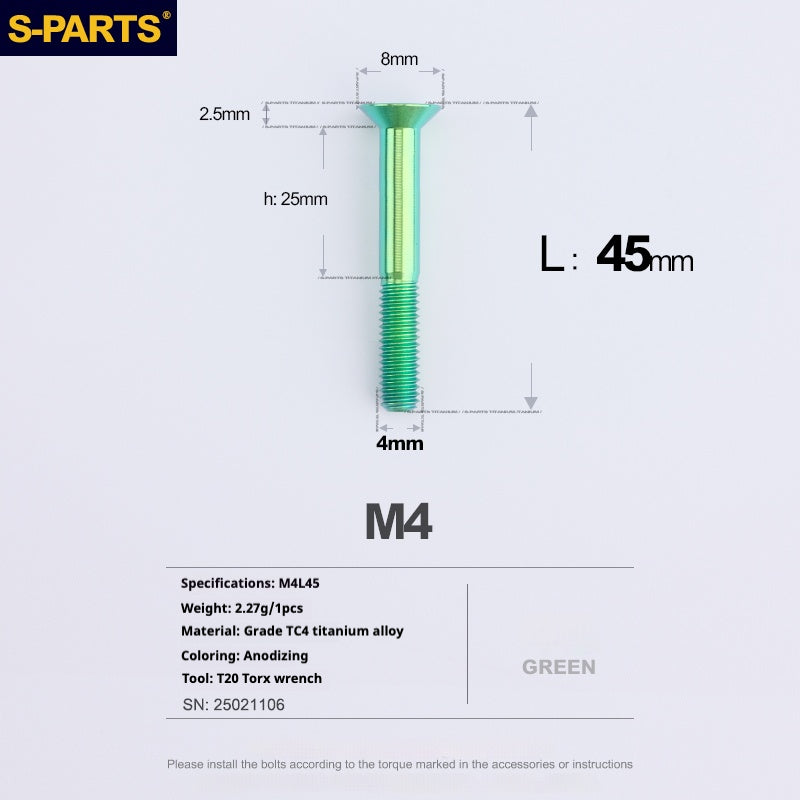 S-PARTS M4 Countersunk Titanium Screws — L8–45mm L45mm Green