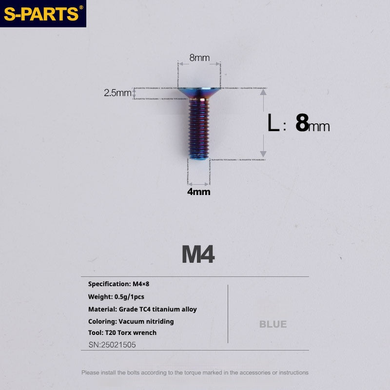 S-PARTS M4 Countersunk Titanium Screws — L8–45mm L8mm Blue