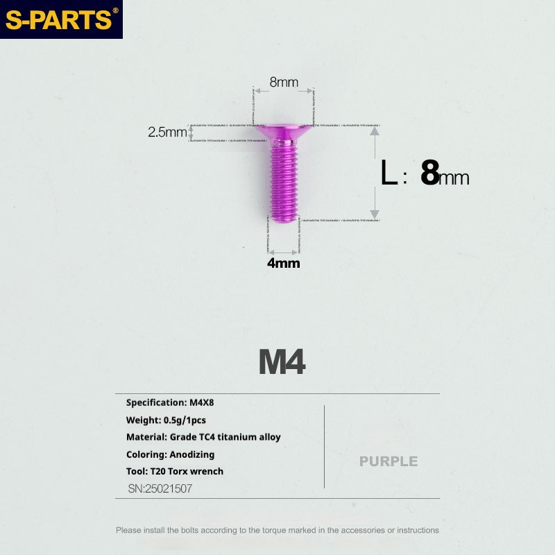 S-PARTS M4 Countersunk Titanium Screws — L8–45mm L8mm Purple