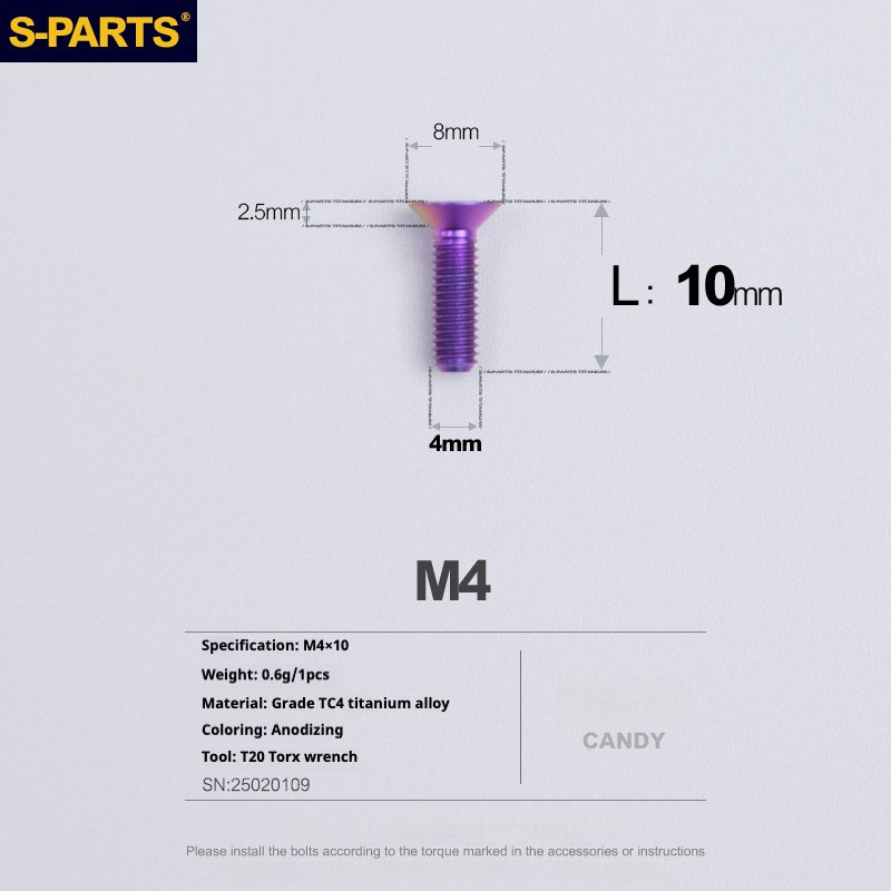 S-PARTS M4 Countersunk Titanium Screws — L8–45mm L10mm Candy