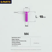 S-PARTS M4 Countersunk Titanium Screws — L8–45mm L10mm Purple