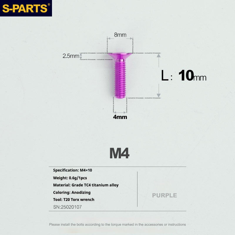 S-PARTS M4 Countersunk Titanium Screws — L8–45mm L10mm Purple