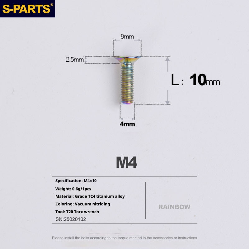 S-PARTS M4 Countersunk Titanium Screws — L8–45mm L10mm Rainbow
