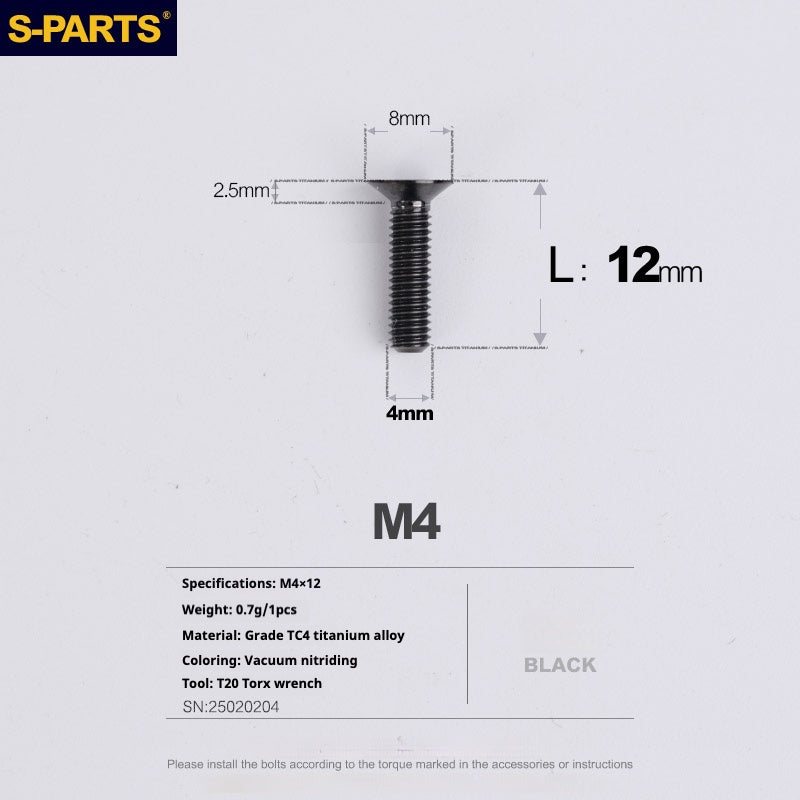 S-PARTS M4 Countersunk Titanium Screws — L8–45mm L12mm Black