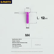 S-PARTS M4 Countersunk Titanium Screws — L8–45mm L12mm Purple
