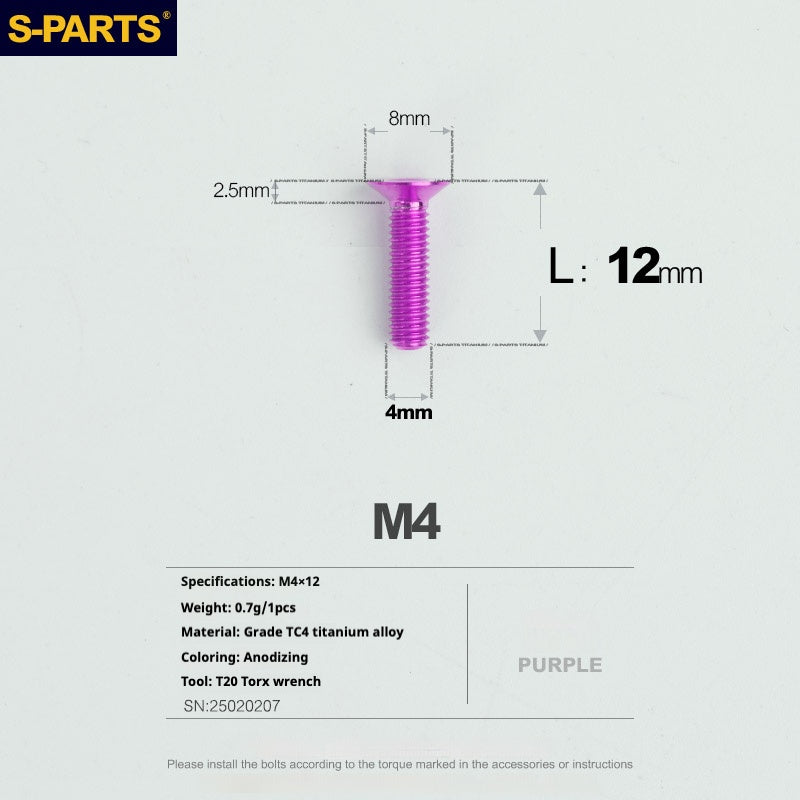 S-PARTS M4 Countersunk Titanium Screws — L8–45mm L12mm Purple