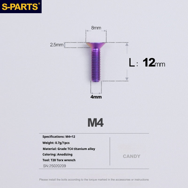 S-PARTS M4 Countersunk Titanium Screws — L8–45mm L12mm Candy