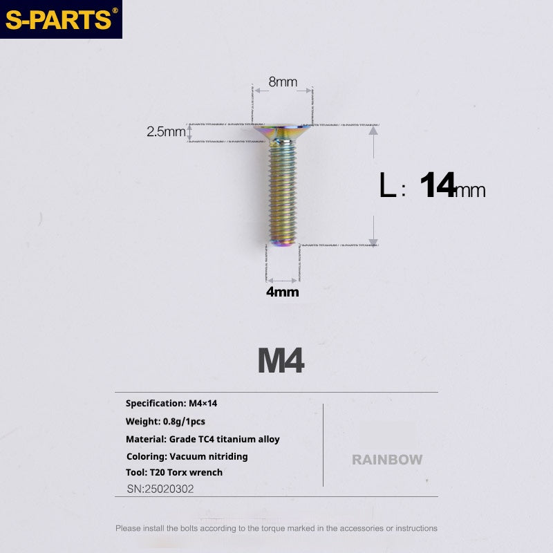 S-PARTS M4 Countersunk Titanium Screws — L8–45mm L14mm Rainbow
