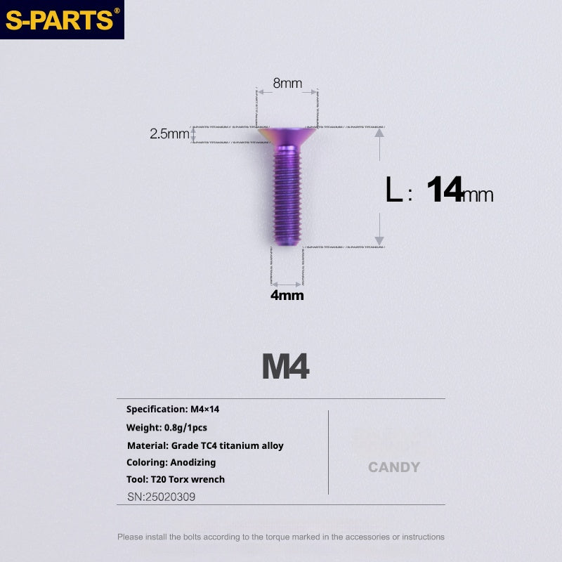 S-PARTS M4 Countersunk Titanium Screws — L8–45mm L14mm Candy