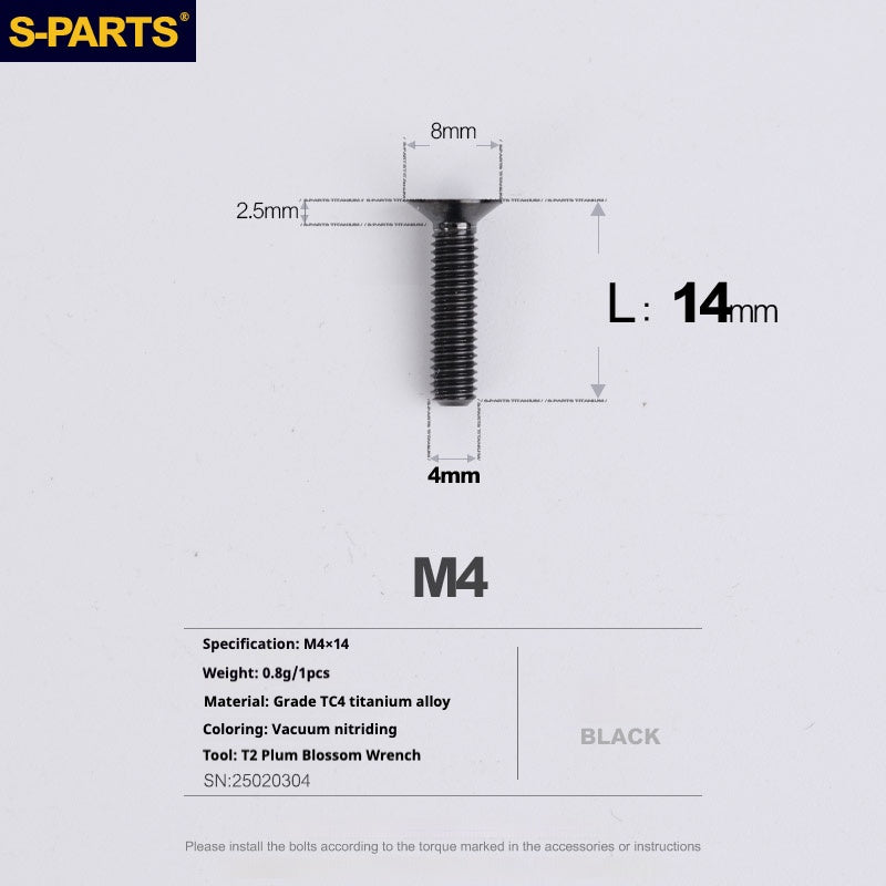 S-PARTS M4 Countersunk Titanium Screws — L8–45mm L14mm Black