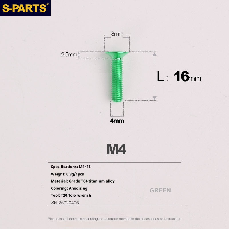 S-PARTS M4 Countersunk Titanium Screws — L8–45mm L16mm Green