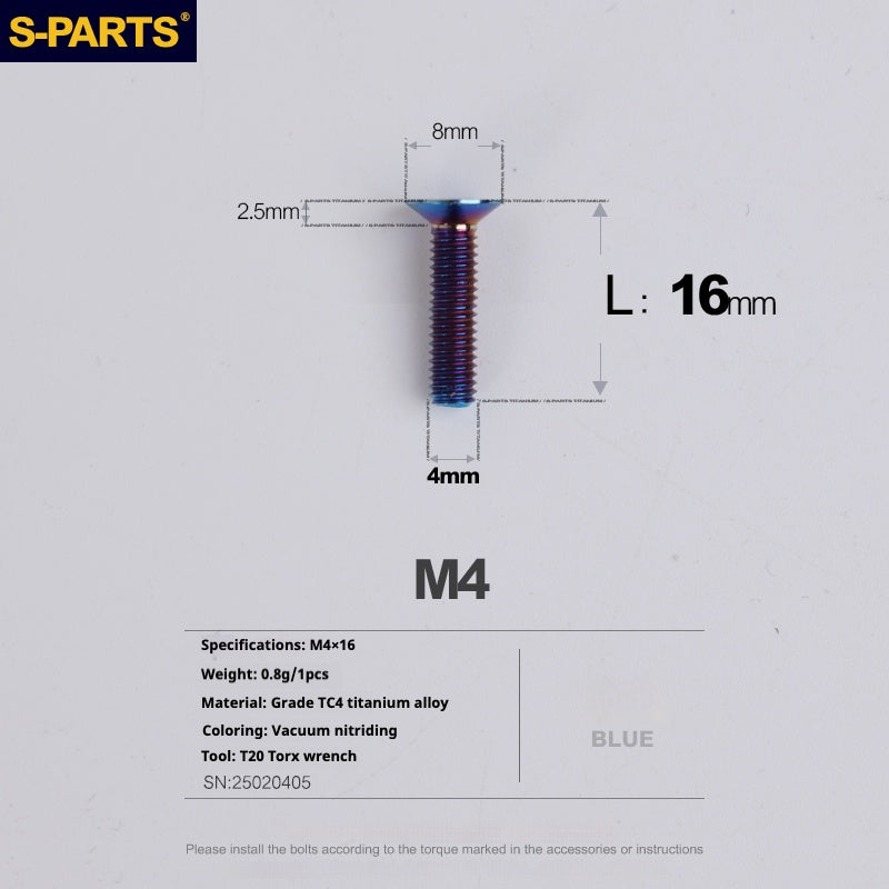 S-PARTS M4 Countersunk Titanium Screws — L8–45mm L16mm Blue