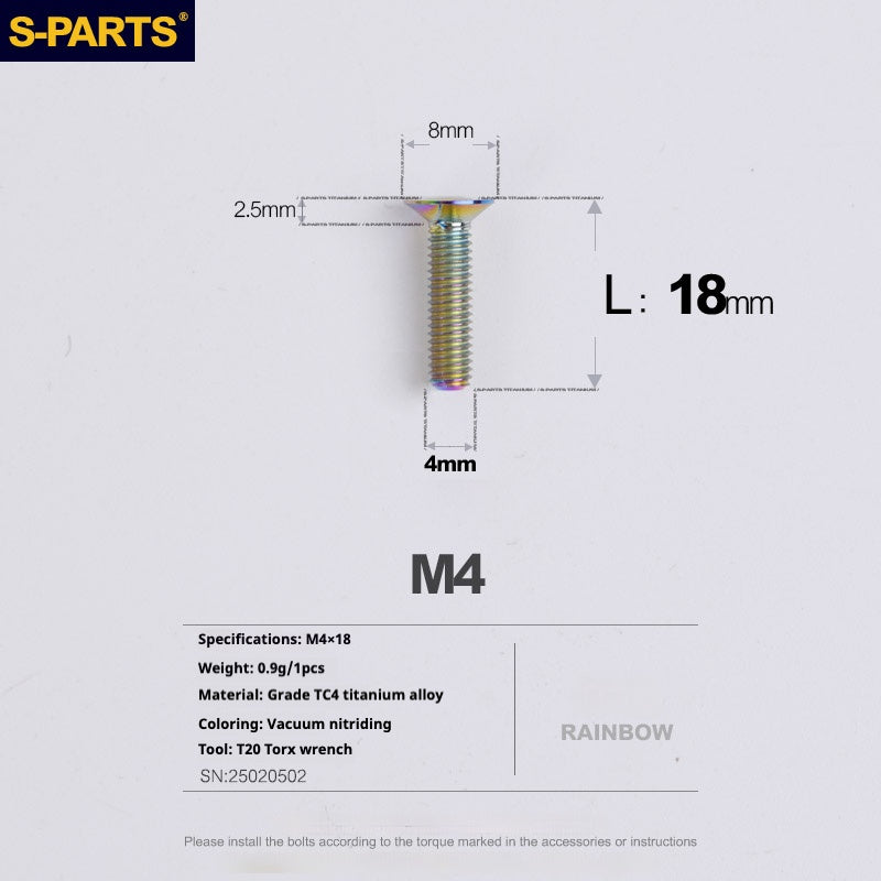 S-PARTS M4 Countersunk Titanium Screws — L8–45mm L18mm Rainbow