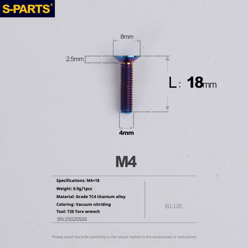 S-PARTS M4 Countersunk Titanium Screws — L8–45mm L18mm Blue