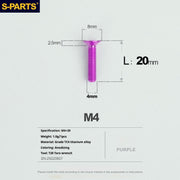 S-PARTS M4 Countersunk Titanium Screws — L8–45mm L20mm Purple