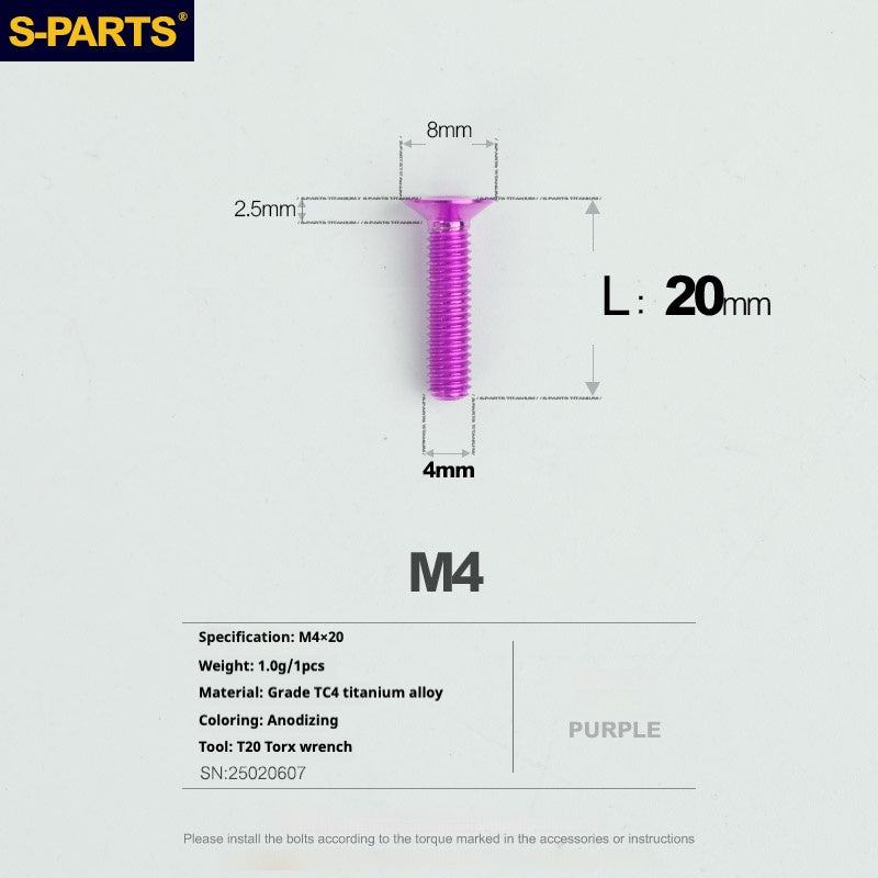 S-PARTS M4 Countersunk Titanium Screws — L8–45mm L20mm Purple