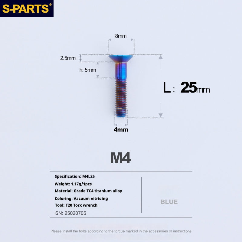 S-PARTS M4 Countersunk Titanium Screws — L8–45mm L25mm Blue