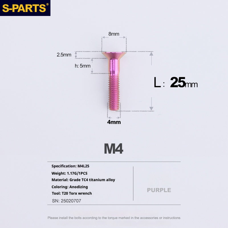 S-PARTS M4 Countersunk Titanium Screws — L8–45mm L25mm Purple