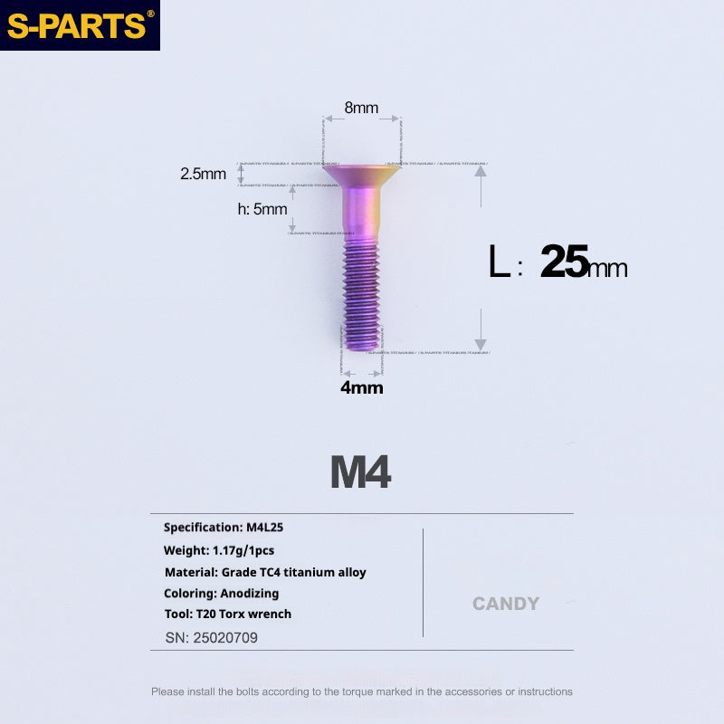 S-PARTS M4 Countersunk Titanium Screws — L8–45mm L25mm Candy