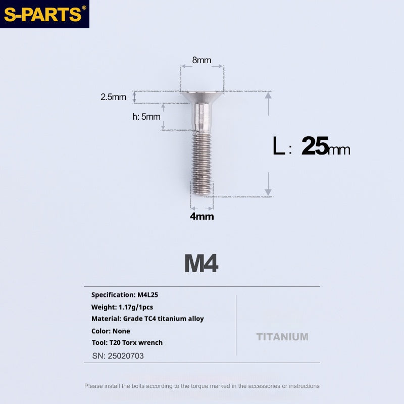 S-PARTS M4 Countersunk Titanium Screws — L8–45mm L25mm