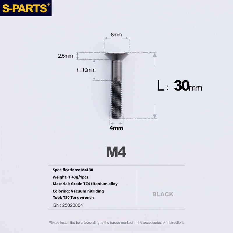 S-PARTS M4 Countersunk Titanium Screws — L8–45mm L30mm Black
