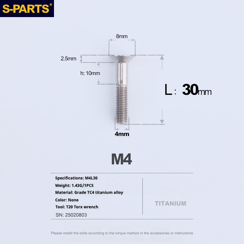 S-PARTS M4 Countersunk Titanium Screws — L8–45mm L30mm
