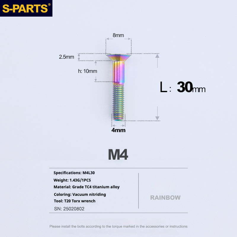 S-PARTS M4 Countersunk Titanium Screws — L8–45mm L30mm Rainbow