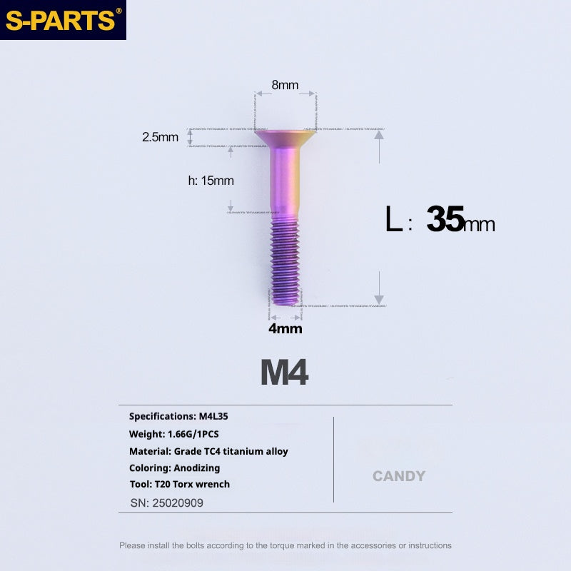S-PARTS M4 Countersunk Titanium Screws — L8–45mm L35mm Candy