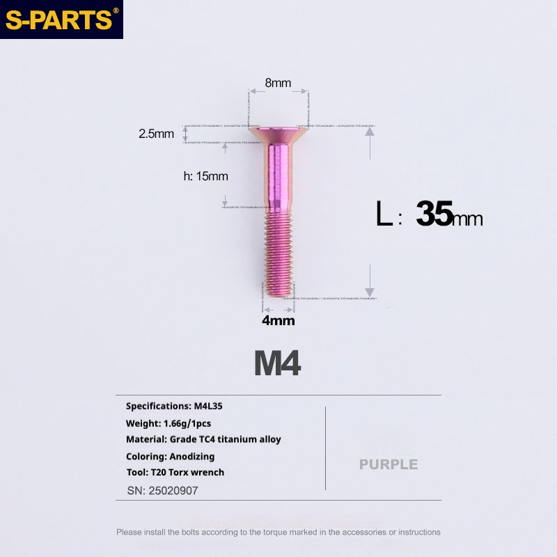 S-PARTS M4 Countersunk Titanium Screws — L8–45mm L35mm Purple
