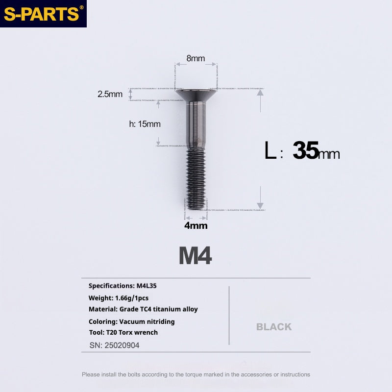 S-PARTS M4 Countersunk Titanium Screws — L8–45mm L35mm Black