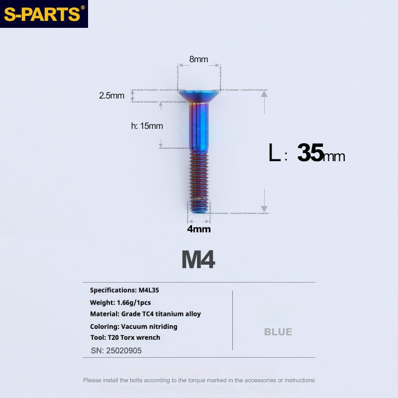 S-PARTS M4 Countersunk Titanium Screws — L8–45mm L35mm Blue