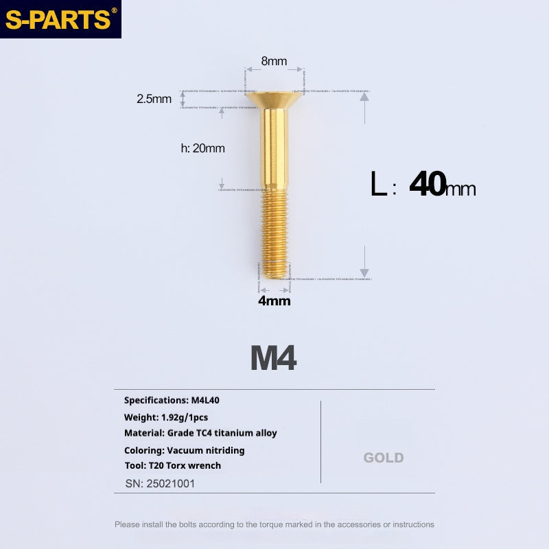 S-PARTS M4 Countersunk Titanium Screws — L8–45mm L40mm Gold