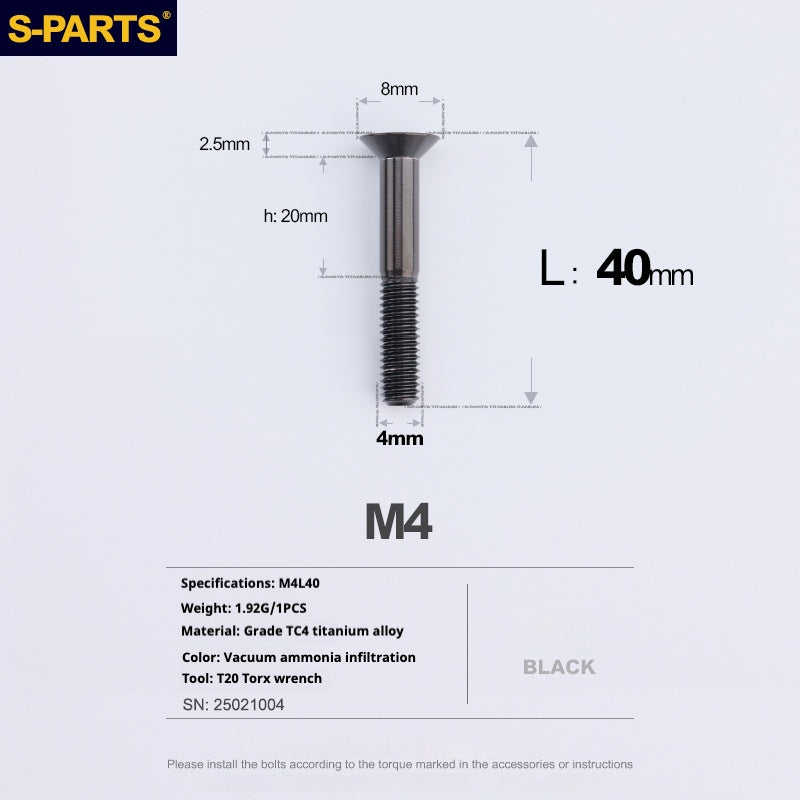 S-PARTS M4 Countersunk Titanium Screws — L8–45mm L40mm Black