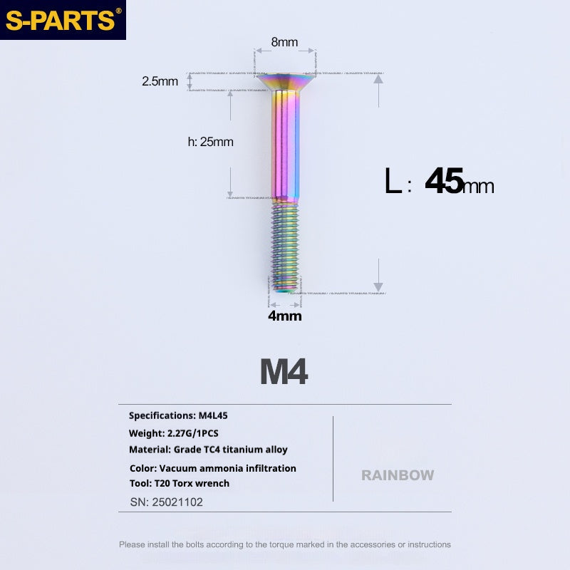 S-PARTS M4 Countersunk Titanium Screws — L8–45mm L45mm Rainbow