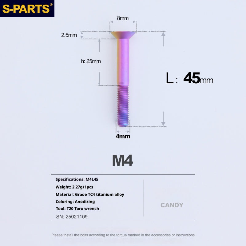S-PARTS M4 Countersunk Titanium Screws — L8–45mm L45mm Candy