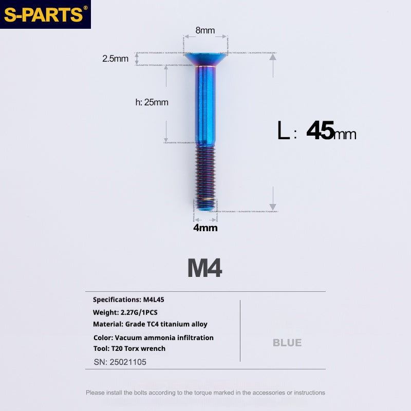 S-PARTS M4 Countersunk Titanium Screws — L8–45mm L45mm Blue