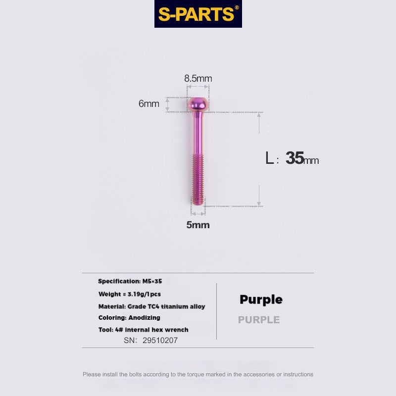 S-PARTS M5 Titanium Seatpost Bolt, Barrel Nut & Washer Hardware M5 L35 Purple