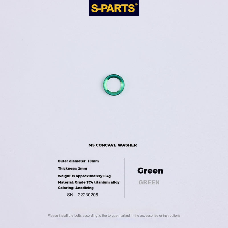 S-PARTS M5 Titanium Seatpost Bolt, Barrel Nut & Washer Hardware Concave Washer M5 D9 Green