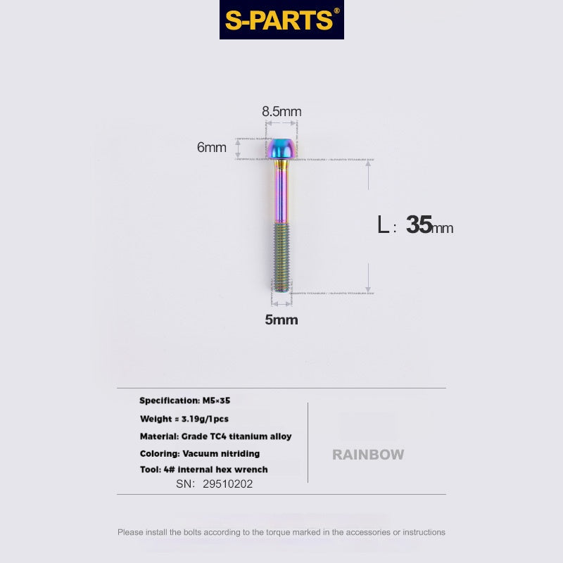 S-PARTS M5 Titanium Seatpost Bolt, Barrel Nut & Washer Hardware M5 L35 Rainbow
