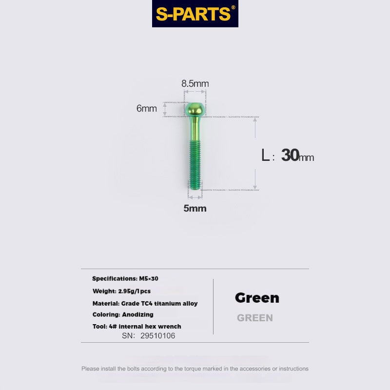 S-PARTS M5 Titanium Seatpost Bolt, Barrel Nut & Washer Hardware M5 L30 Green