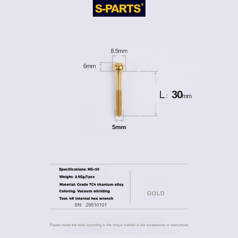 S-PARTS M5 Titanium Seatpost Bolt, Barrel Nut & Washer Hardware M5 L30 Gold