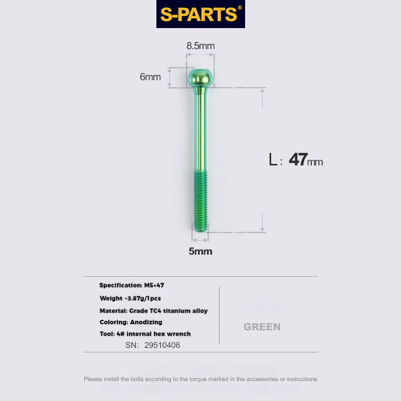 S-PARTS M5 Titanium Seatpost Bolt, Barrel Nut & Washer Hardware M5 L47 Green