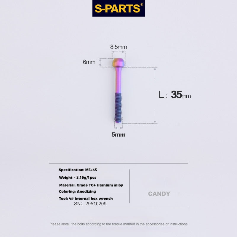 S-PARTS M5 Titanium Seatpost Bolt, Barrel Nut & Washer Hardware M5 L35 Candy