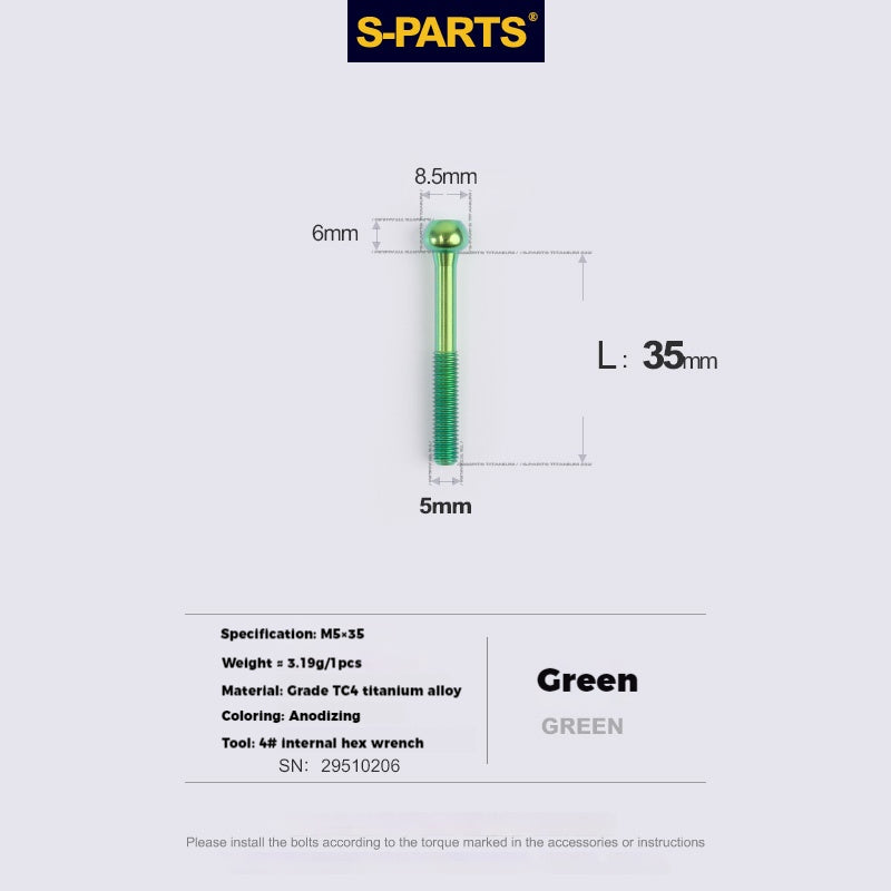 S-PARTS M5 Titanium Seatpost Bolt, Barrel Nut & Washer Hardware M5 L35 Green