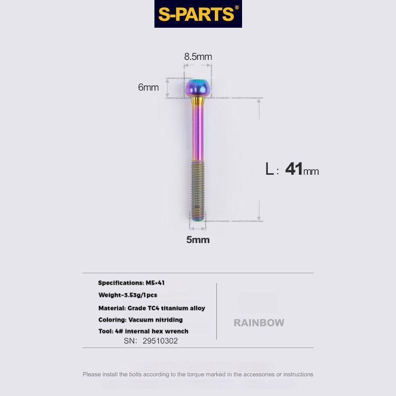 S-PARTS M5 Titanium Seatpost Bolt, Barrel Nut & Washer Hardware M5 L41 Rainbow